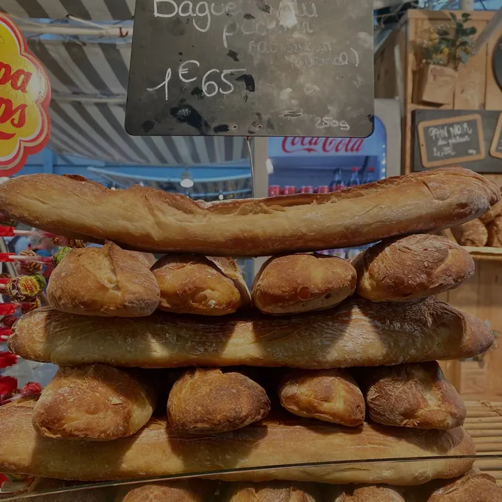 Stacked baguettes at a French market